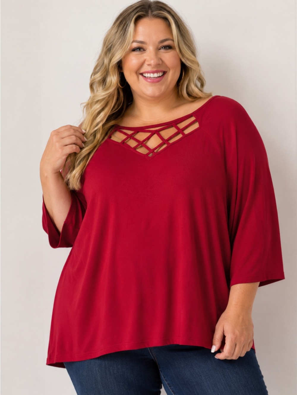 CATHERINES WOMENS RED BLOUSE LATTICE CRISS CROSS  V-NECK DETAIL PLIS SIZE 5X